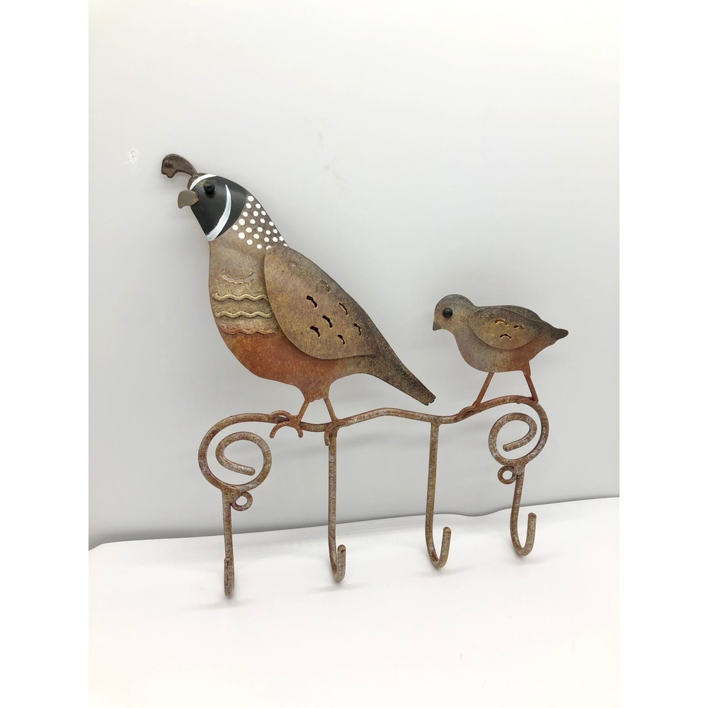 Rustic Metal Quail Bird Mama N Baby Wall Hook Rack 4-Hook Brown Farmhouse Decor